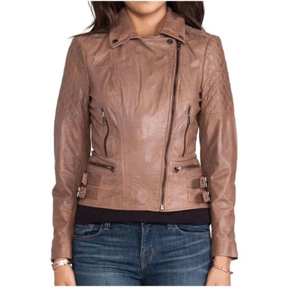 Muubaa Rokel Taupe Leather Biker Jacket Size US 2 - Picture 2 of 16